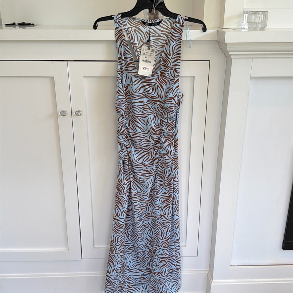 Zara blue with brown print dress brand new with tags from Spain